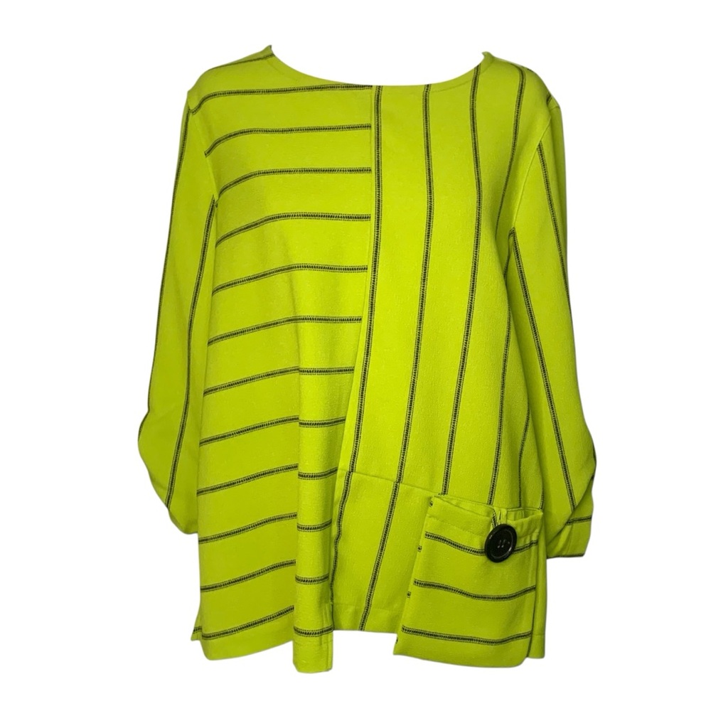Ali Miles Vibrant Chartreuse Striped Button Detail Lagenlook Art to Wear Top PM